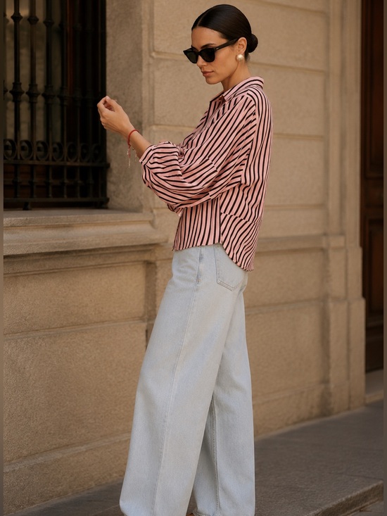 Zara Tops - Zara Pink Striped Balloon Sleeve Button Front Shirt Blouse M NWT